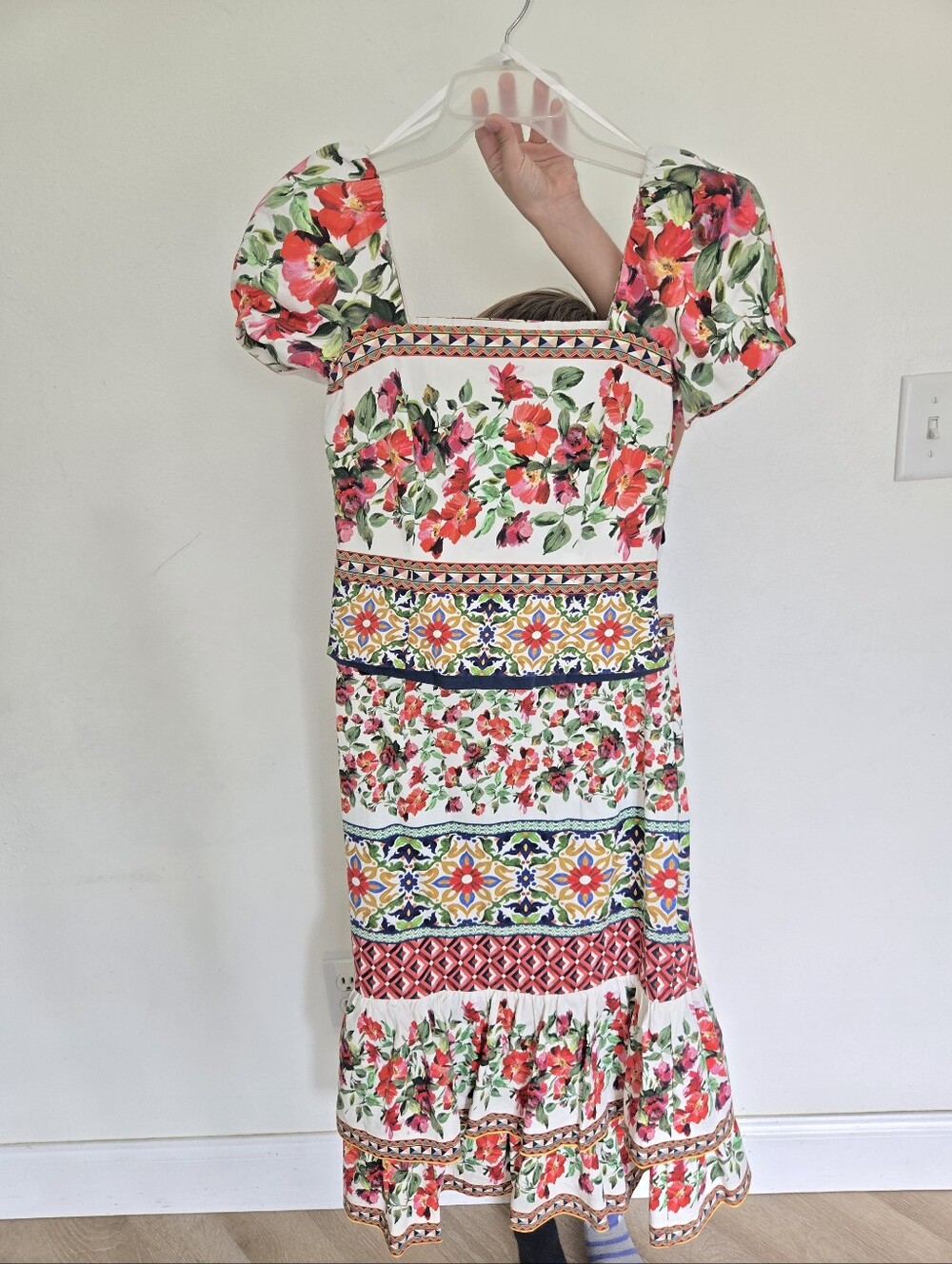 Floral Puff-Sleeve Skirt & Top White w Red & Green Print Antonio Melani